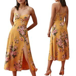 REFORMATION - Women’s ‘Juliette' Midi Dress, Tie Shoulders Slit - Yellow Size 2